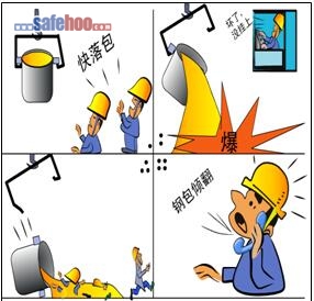 鋼包耳軸失衡傾翻，鋼水外泄爆炸