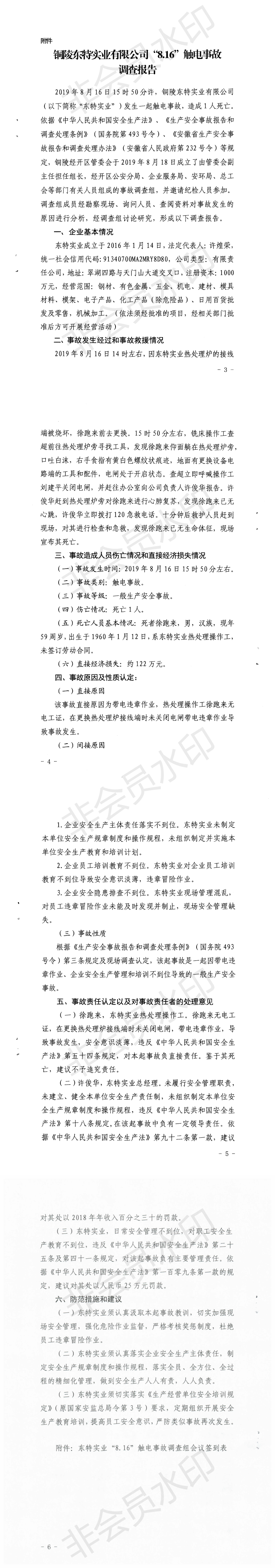 銅陵東特實業有限公司“8.16”觸電事故調查報告