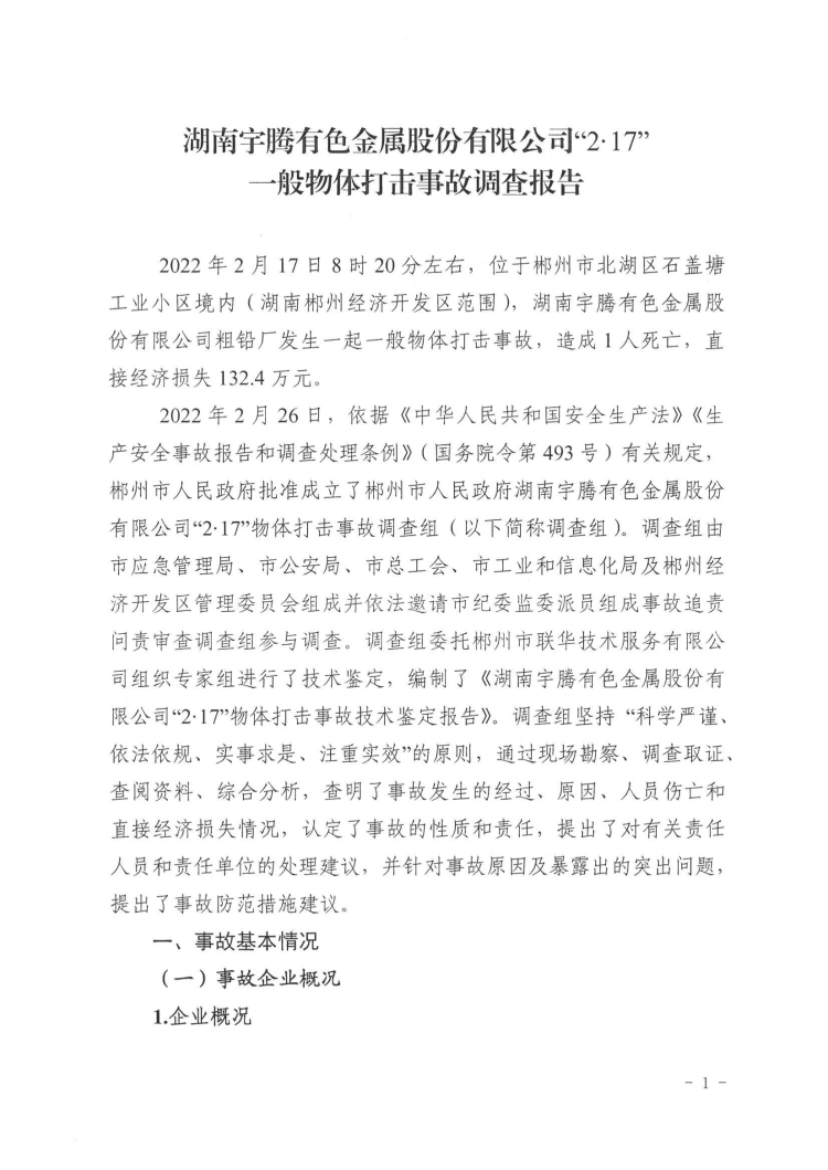 湖南宇騰有色金屬股份有限公司“2·17”一般物體打擊事故調查報告