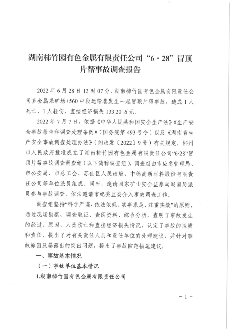 湖南柿竹園有色金屬有限責任公司“6.28”冒頂片幫事故調查報告