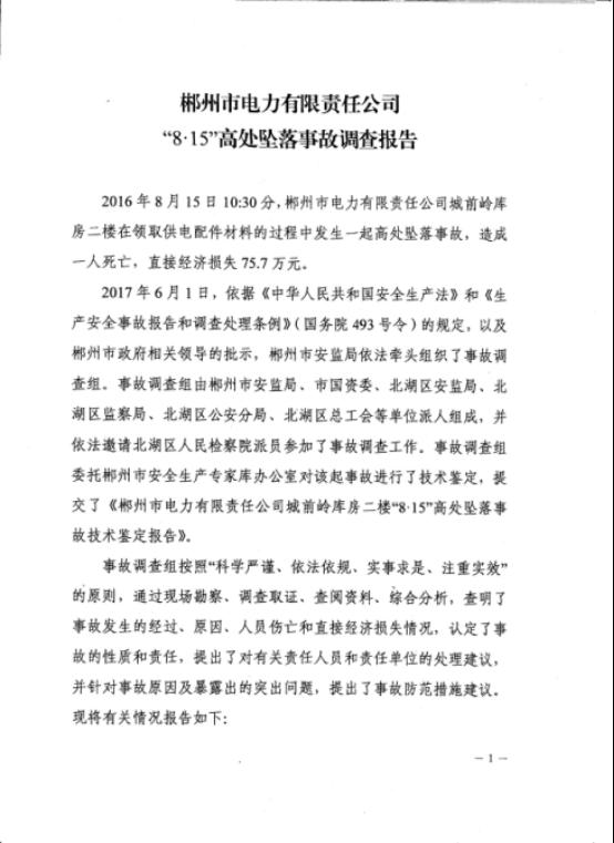 郴州市電力有限責任公司“8.15”高處墜落事故調查報告