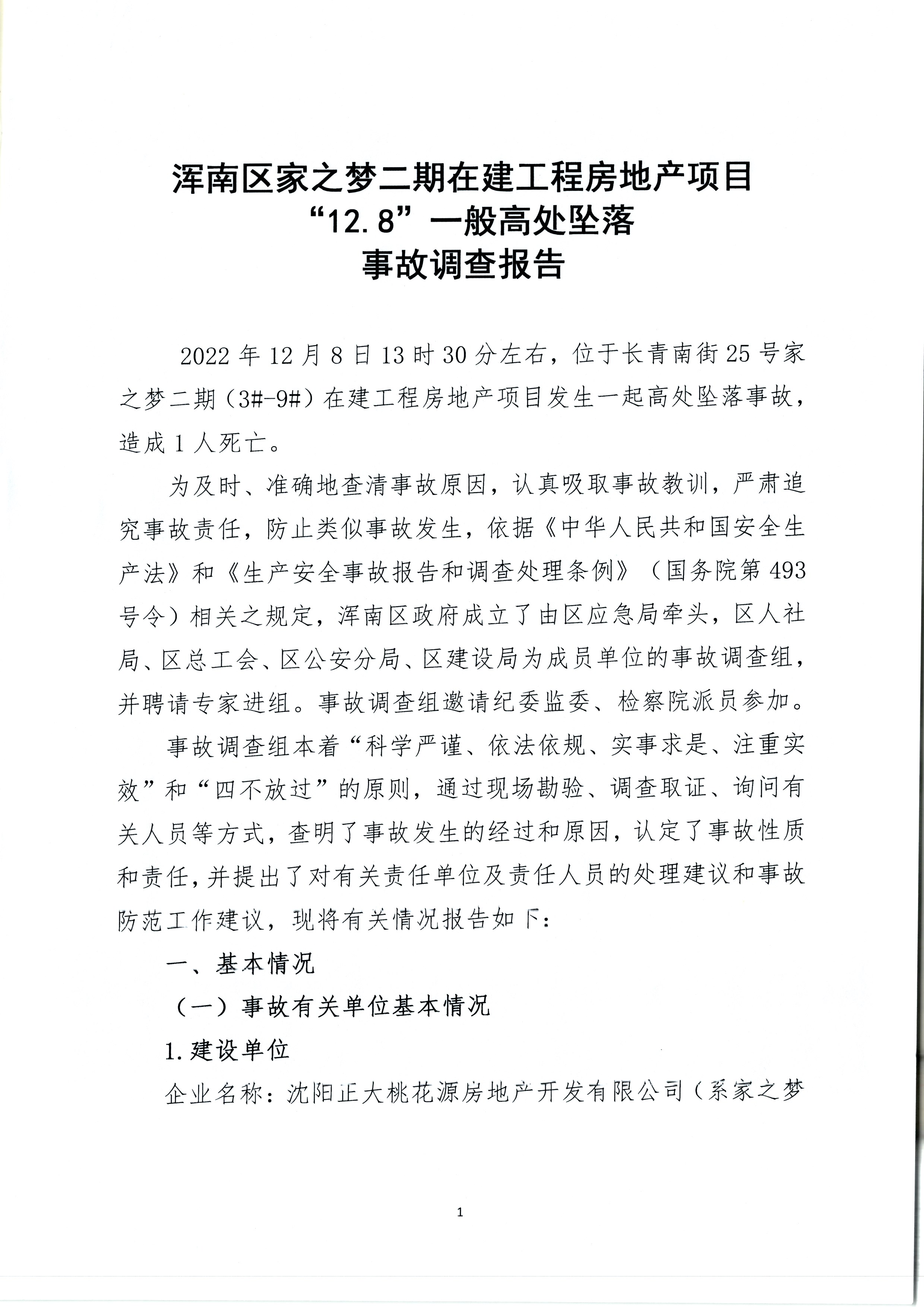 渾南區家之夢二期在建工程房地產項目“12.8”一般高處墜落事故調查報告