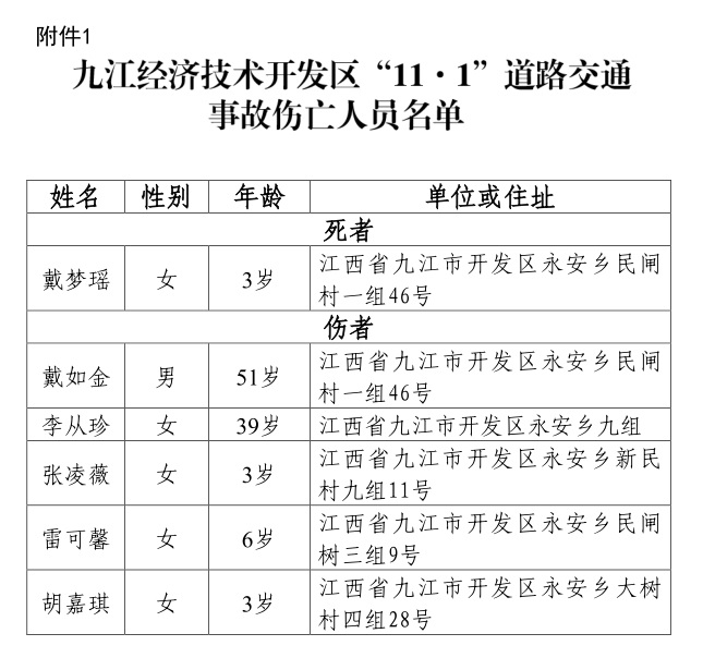 九江經(jīng)濟技術(shù)開發(fā)區(qū)“11·1”道路交通事故調(diào)查報告
