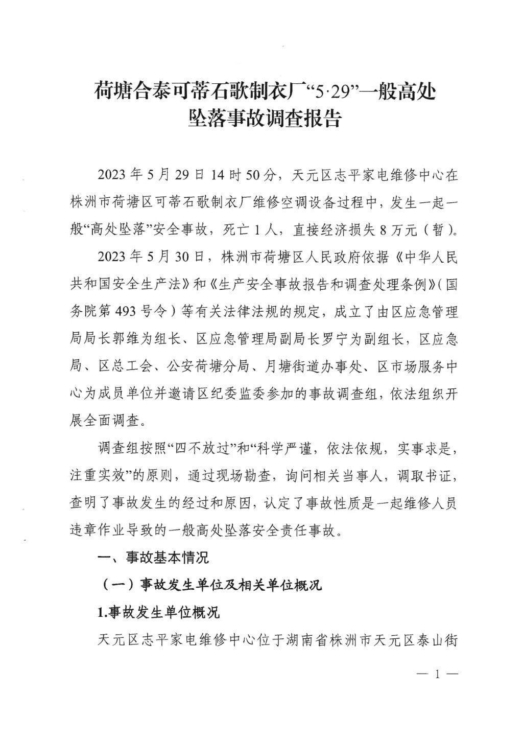 荷塘合泰可蒂石歌制衣廠“5·29”一般高處墜落事故調查報告