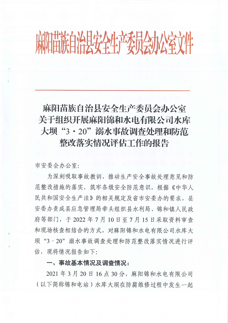 關于組織開展麻陽錦和水電有限公司水庫大壩“3·20”溺水事故調查處理和防范整改落實情況評估工作的報告