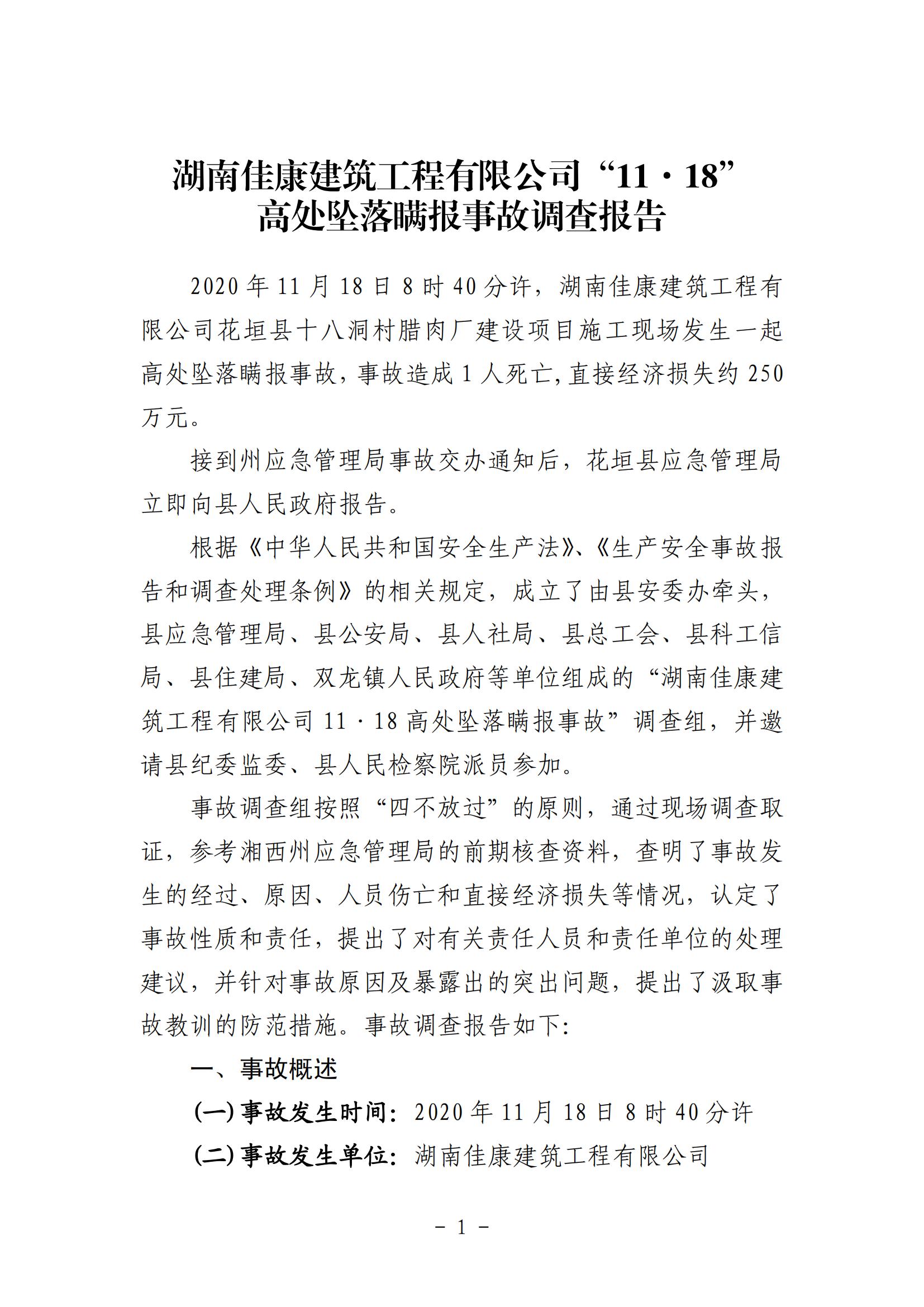 湖南佳康建筑工程有限公司“11·18”高處墜落瞞報事故調查報告