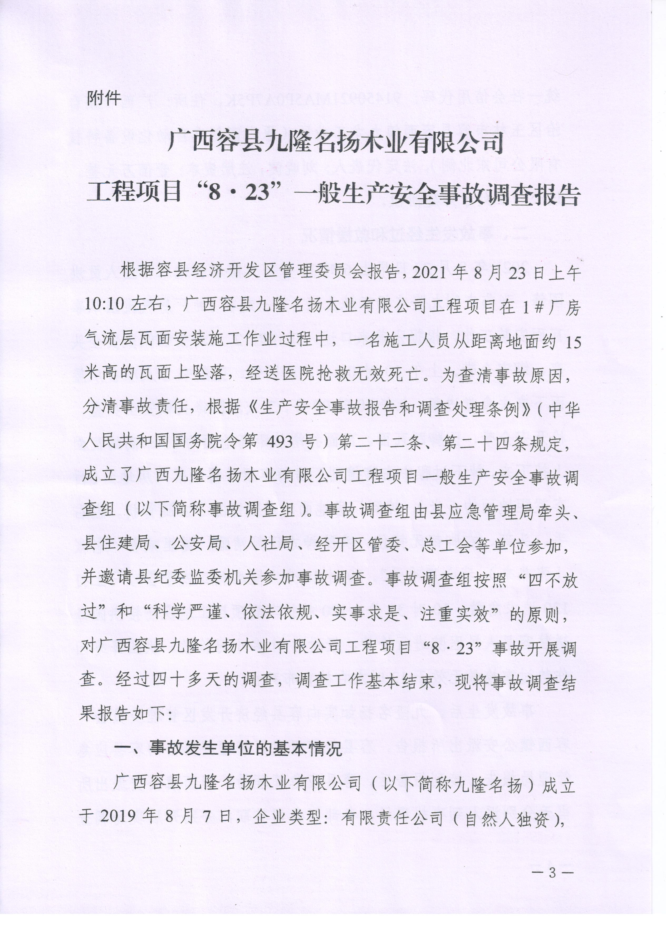 廣西容縣九隆名揚(yáng)木業(yè)有限公司工程項(xiàng)目“8.23”一般生產(chǎn)安全事故調(diào)查報(bào)告