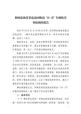 和碩縣楊某某廢品回收站“10·25”車輛傷害事故調查報告