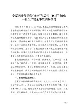 寧夏天凈隆鼎碳化硅有限公司“9.15”觸電一般生產安全事故調查報告