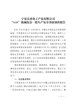 寧夏富來化工產品有限公司“8.28”機械傷害一般生產安全事故調查報告